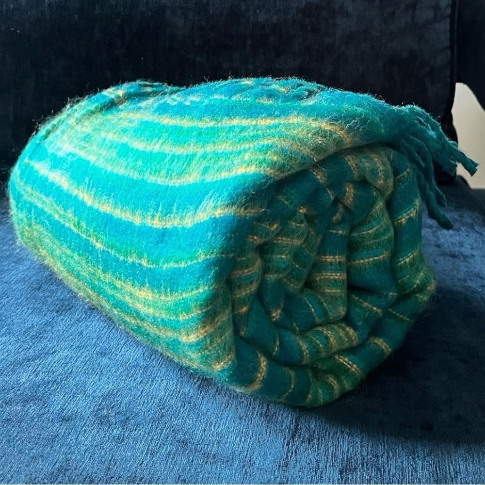 Himalayan Wool + Yak Handwoven Meditation Blanket (Peacock w/ Gold Green Blue)